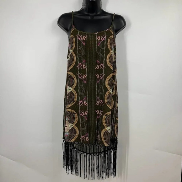 Cleobella Women's Kate Adjustable Strap Boho Print Fringe Dress Size L - Picture 2 of 14